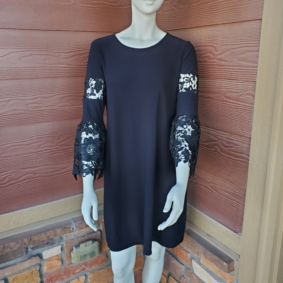 Alfani Lace Sleeve Pullover Midi Dress Size 8 Women's Black Stretch A-Line NWOT - Picture 3 of 16